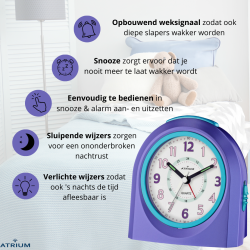 ATRIUM Children's Alarm Clock - Analogue - Purple - No Ticking Sound - Illuminated - Uplifting Beep Tone - Alarm & Snooze