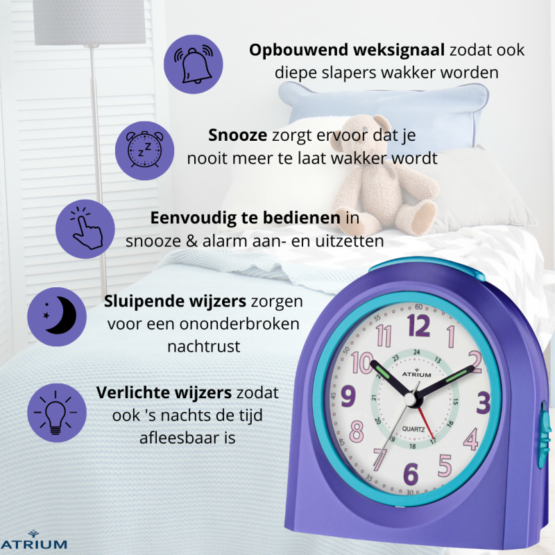 ATRIUM Children's Alarm Clock - Analogue - Purple - No Ticking Sound - Illuminated - Uplifting Beep Tone - Alarm & Snooze