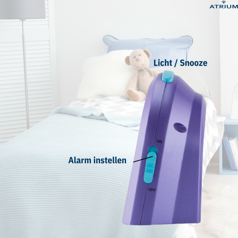 ATRIUM Kinderwekker - Analoog - Paars - Wekker zonder Tikgeluid - Verlicht - Opbouwende Pieptoon - Alarm & Snooze