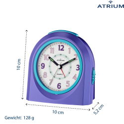 ATRIUM Kinderwecker – Analog – Violett – Wecker ohne Ticken – Beleuchtet – Aufbauender Piepton – Alarm & Snooze