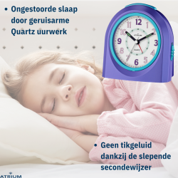 ATRIUM Kinderwekker - Analoog - Paars - Wekker zonder Tikgeluid - Verlicht - Opbouwende Pieptoon - Alarm & Snooze