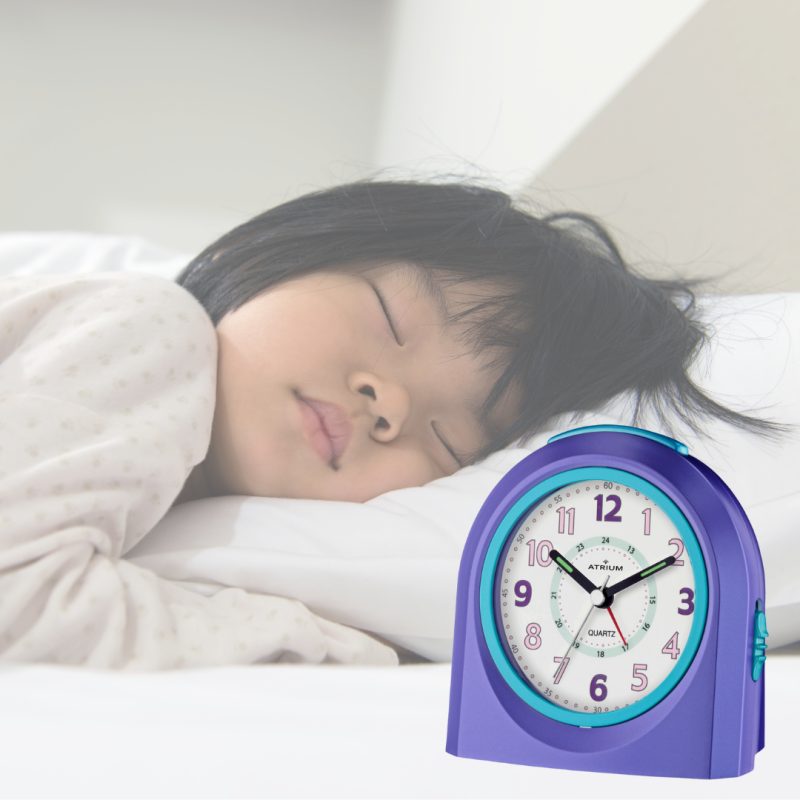 ATRIUM Children's Alarm Clock - Analogue - Purple - No Ticking Sound - Illuminated - Uplifting Beep Tone - Alarm & Snooze