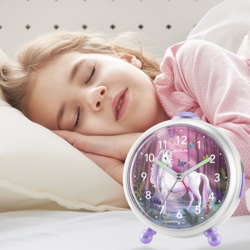 ATRIUM Unicorn Children's Alarm Clock - Clock Girl Purple/White - Silent no ticking sound - Snooze, light & alarm
