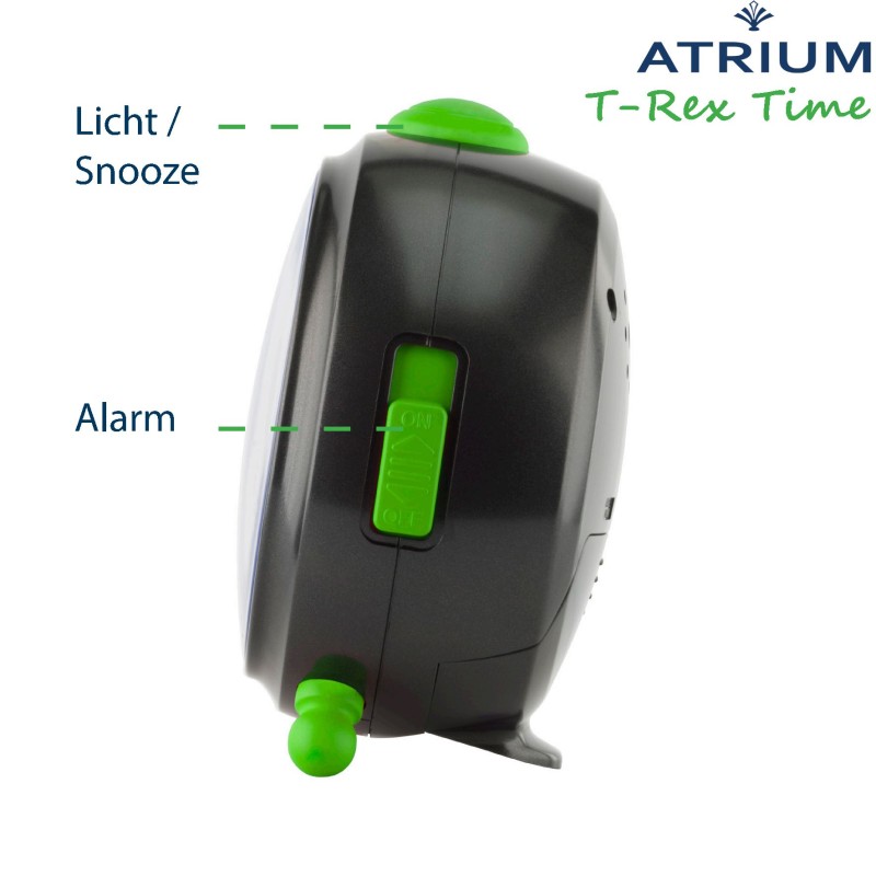ATRIUM Children's Alarm Clock - T-Rex Dino - Green Black - No ticking sound - Uplifting Beep Tone - Alarm - Snooze