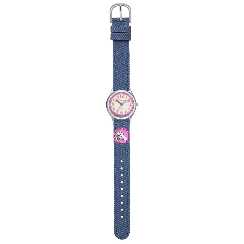 Jacques Farel Kinderhorloge - Paard - Blauw & Roze - Zilverkleurig - Analoog - 3 Bar - Jeansband Verstelbaar - HCC1955