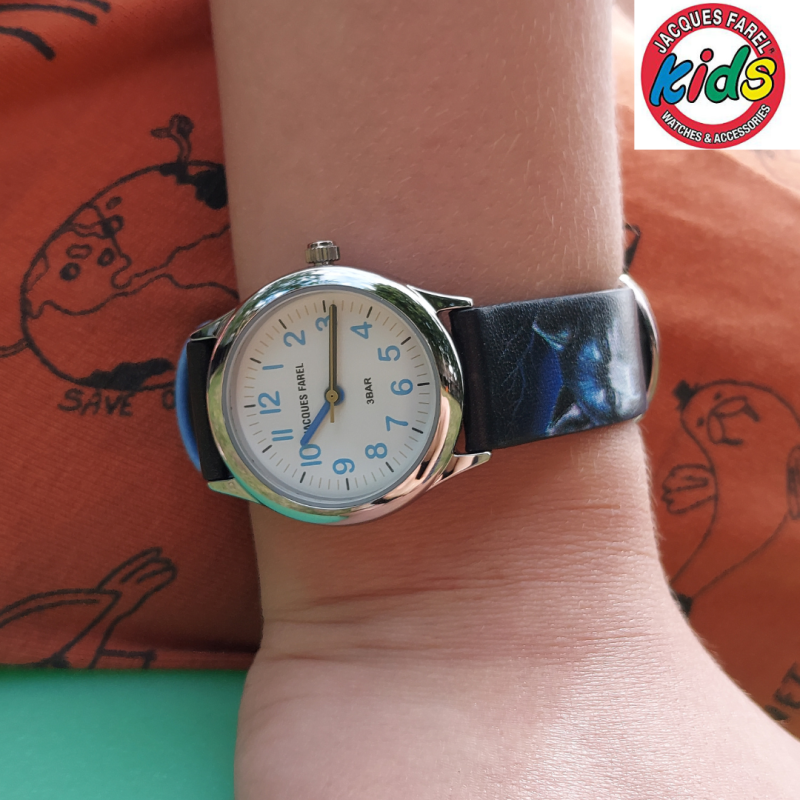 Jacques Farel Children's Watch - Wolf - Blue & Black - Silver - Analogue - 3 Bar - Adjustable Strap 12-17cm - HCC808