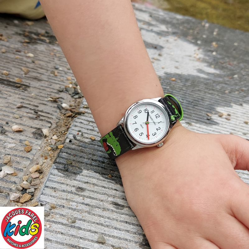 Jacques Farel Kinderhorloge - Dino - Groen & Zwart - Zilverkleurig - Analoog - 3 Bar - Verstelbaar 12,5-17 cm - HCC921