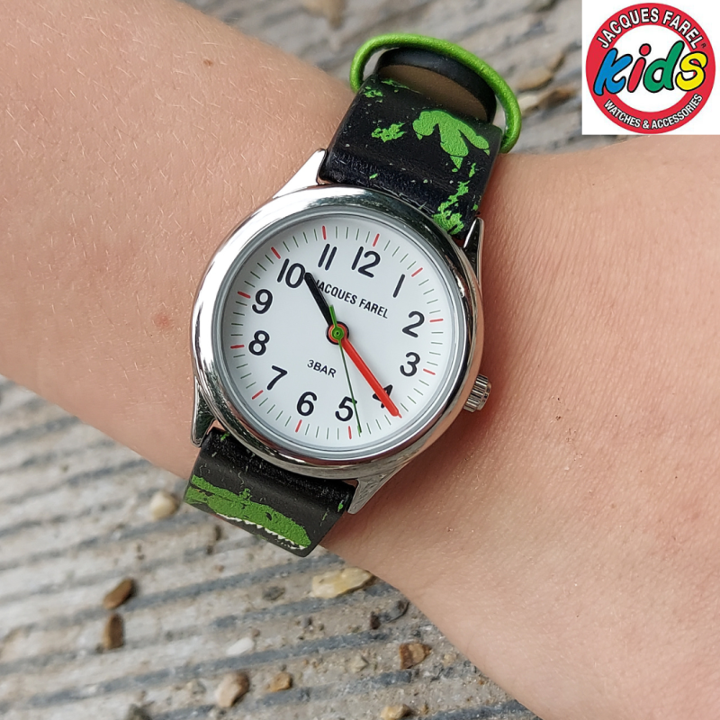 Jacques Farel Kinderhorloge - Dino - Groen & Zwart - Zilverkleurig - Analoog - 3 Bar - Verstelbaar 12,5-17 cm - HCC921