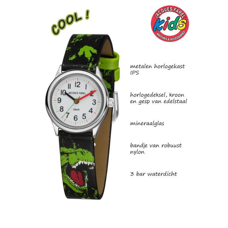 Jacques Farel Kinderhorloge - Dino - Groen & Zwart - Zilverkleurig - Analoog - 3 Bar - Verstelbaar 12,5-17 cm - HCC921
