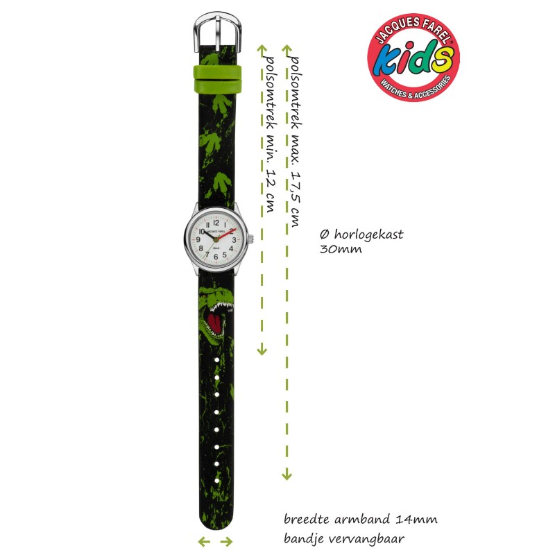 Jacques Farel Kinderhorloge - Dino - Groen & Zwart - Zilverkleurig - Analoog - 3 Bar - Verstelbaar 12,5-17 cm - HCC921