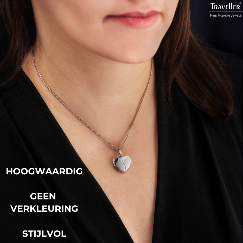 Traveller Medaillon Dames Ketting voor Foto - Made in Germany -Zilver - Glans/Mat - Hart 18x17 mm - Dames Ketting 45 cm