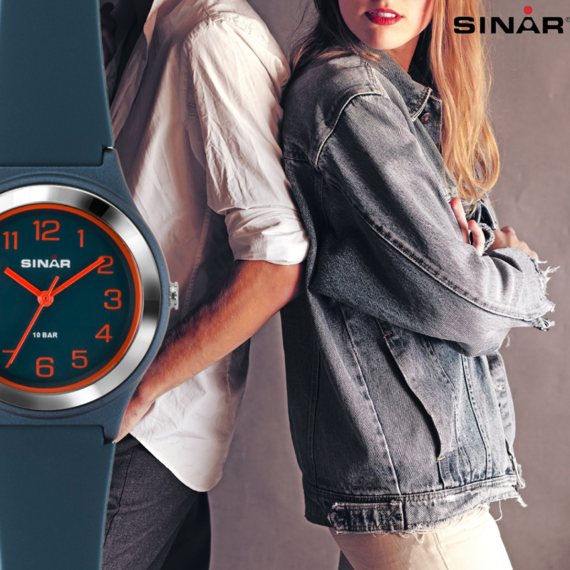 Sinar Horloge - Analoog - Donker Blauw / Oranje - 36mm - 10 Bar - Verstelbaar bandje 13-18,5cm - XB-48-12