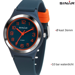 Sinar Horloge - Analoog - Donker Blauw / Oranje - 36mm - 10 Bar - Verstelbaar bandje 13-18,5cm