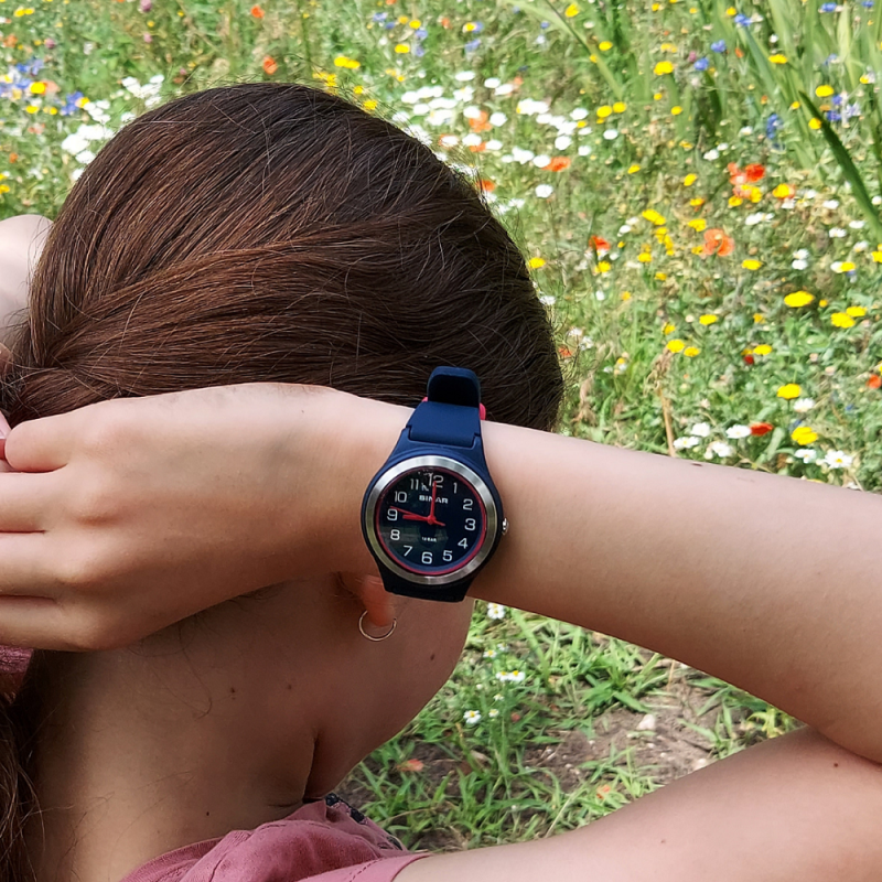 Sinar Analoog Horloge 36 mm 100 meter blauw/ roze - XB-48-2