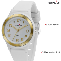 Sinar Horloge - Analoog - Wit/ Goud - 36mm - 10 Bar - Verstelbaar bandje 13-18,5cm