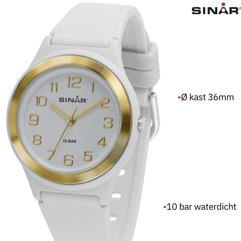Sinar Horloge - Analoog - Wit/ Goud - 36mm - 10 Bar - Verstelbaar bandje 13-18,5cm - XB-48-0