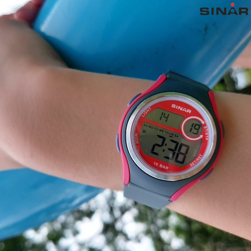 Sinar Uhr - Digital - Dunkelgrau/Rosa - 10 Bar wasserdicht - Ø 36 mm - Verstellbares Armband 13-18,5 cm