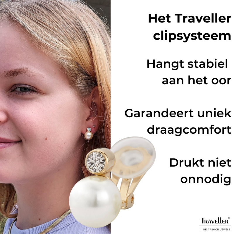 Traveller Clip Oorbellen - Parels - 10 mm - Crème - Preciosa Kristallen - 22kt Verguld - Goudkleurig - 15x10 mm - 113881