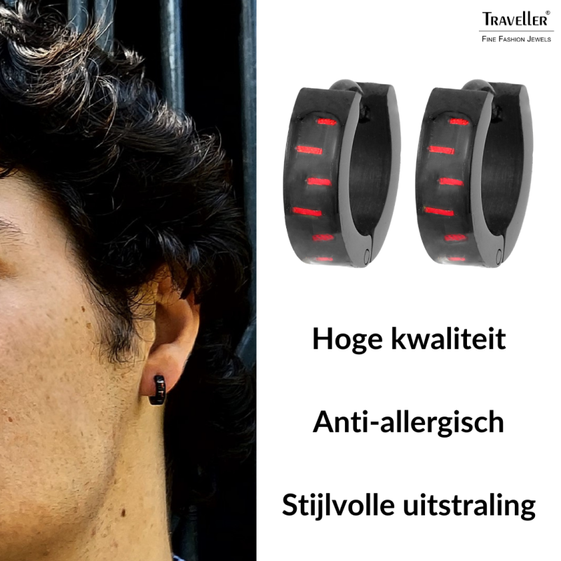 Traveller Oorringen - Heren - Edelstaal - Zwart - Carbon rood - Ringen 10 mm - 181180