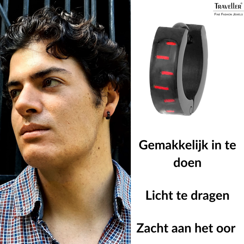 Traveller Oorringen - Heren - Edelstaal - Zwart - Carbon rood - Ringen 10 mm
