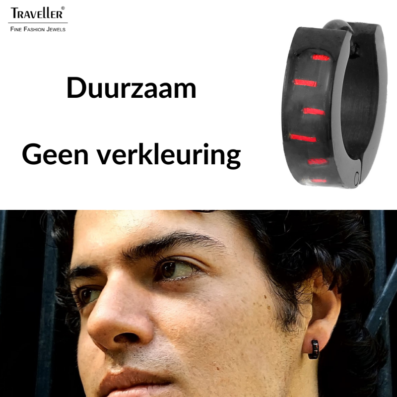 Traveller Oorringen - Heren - Edelstaal - Zwart - Carbon rood - Ringen 10 mm - 181180
