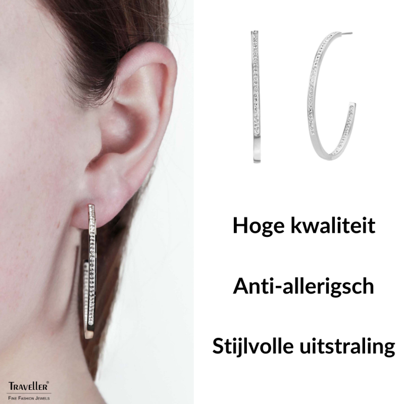 Traveller Oorringen - Zilverkleurig - Edelstaal - Preciosa Kristallen - 40 mm - 182042