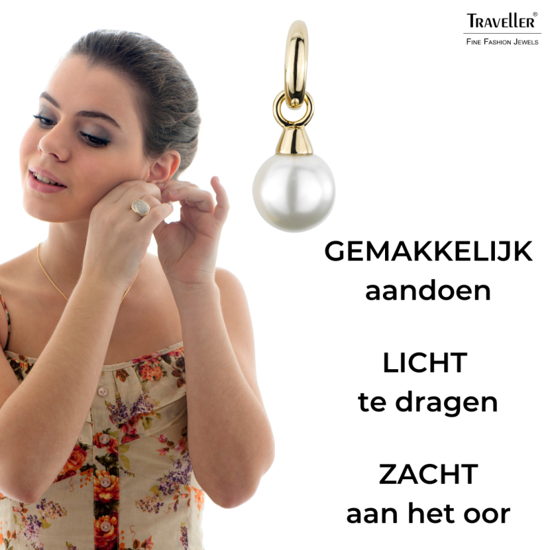 Traveller Clip Oorbellen - Hangers - Goudkleurig - Parels - 14 mm - Wit - Verguld - 35x14 mm - 114242