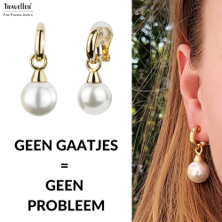Traveller Clip Oorbellen - Hangers - Goudkleurig - Parels - 14 mm - Wit - Verguld - 35x14 mm