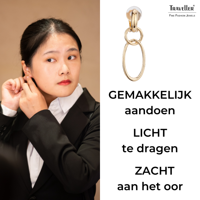 Traveller Clip Oorbellen - Hangers - Goudkleurig - Schakels / Ringen - Verguld - 45x15 mm - 157102