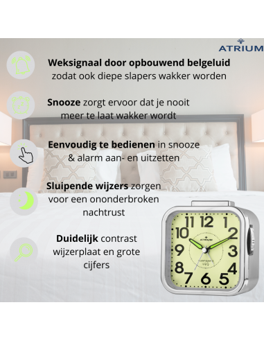 ATRIUM Wekker - Senioren - Analoog - Zilver - Duidelijk - Eenvoudig in gebruik - A530-18