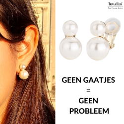 Traveller Clip Oorbellen - Parels - 8 en 12 mm - Crème - Goudkleurig - 22ct Verguld - 20x12 mm