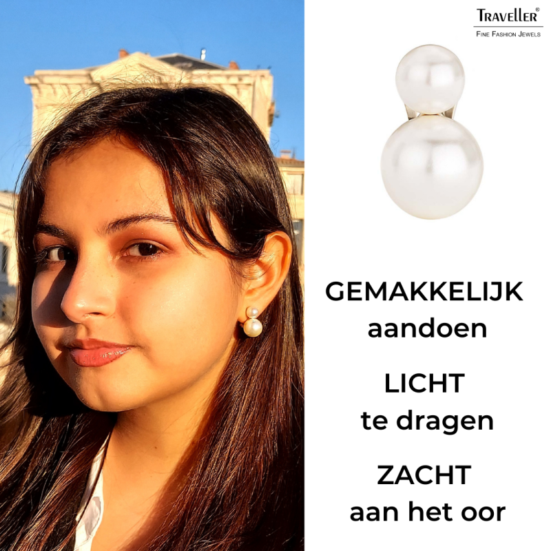 Traveller Clip Oorbellen - Parels - 8 en 12 mm - Crème - Goudkleurig - 22ct Verguld - 20x12 mm - 113120