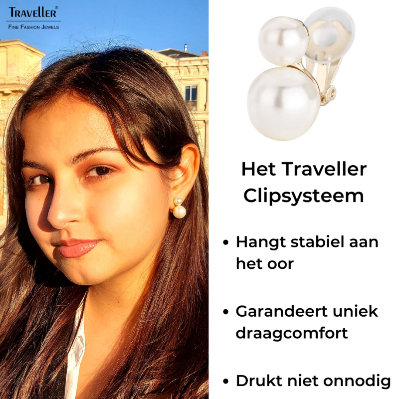 Traveller Clip Oorbellen - Parels - 8 en 12 mm - Crème - Goudkleurig - 22ct Verguld - 20x12 mm - 113120