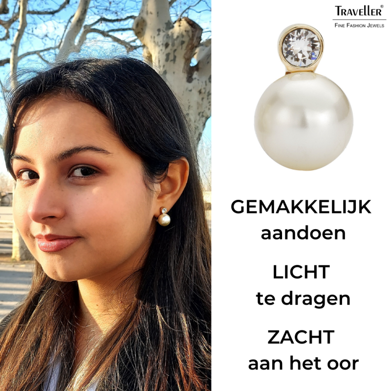 Traveller Clip Oorbellen - Parels - 12 mm - Crème - Preciosa Kristallen - 22kt Verguld - Goudkleurig - 15x12 mm - 113486