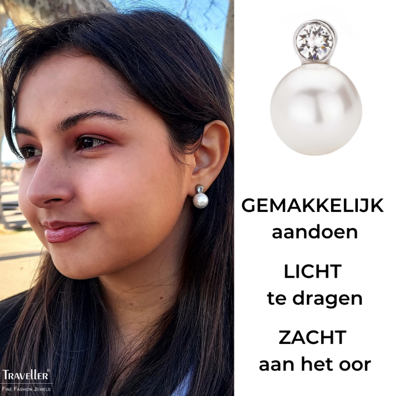 Traveller Clip Oorbellen - Parels - 12 mm - Wit - Preciosa Kristallen - Geplatineerd - Zilverkleurig - 15x12 mm - 113487