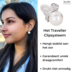 Traveller Clip Oorbellen - Parels - 12 mm - Wit - Preciosa Kristallen - Geplatineerd - Zilverkleurig - 15x12 mm