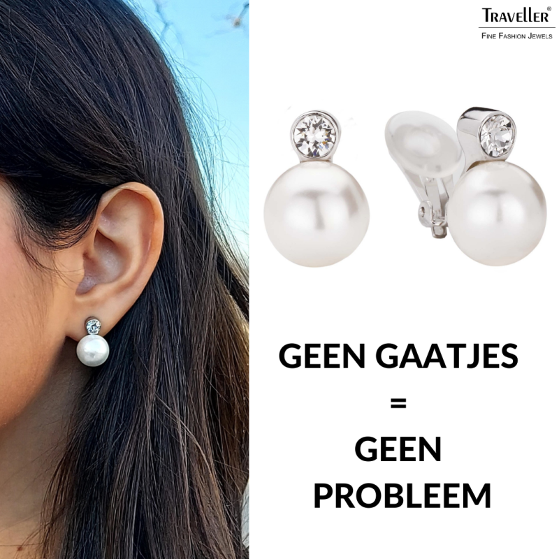 Traveller Clip Oorbellen - Parels - 12 mm - Wit - Preciosa Kristallen - Geplatineerd - Zilverkleurig - 15x12 mm - 113487