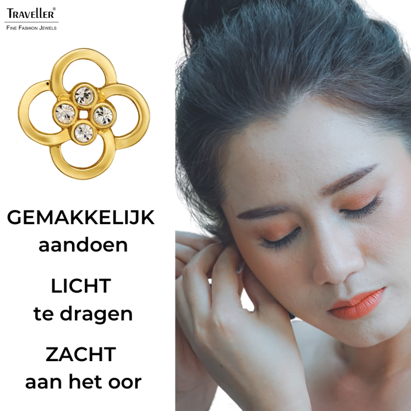Traveller Clip Oorbellen - Goudkleurig - Preciosa Kristallen - Verguld - Bloem - 13 mm