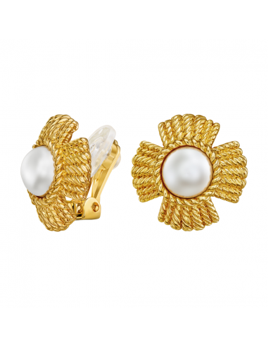 Traveller Clip-on Earrings - Gold Coloured - Pearls - 10 mm - White - Gold Plated - Flower - 23 mm - 114276