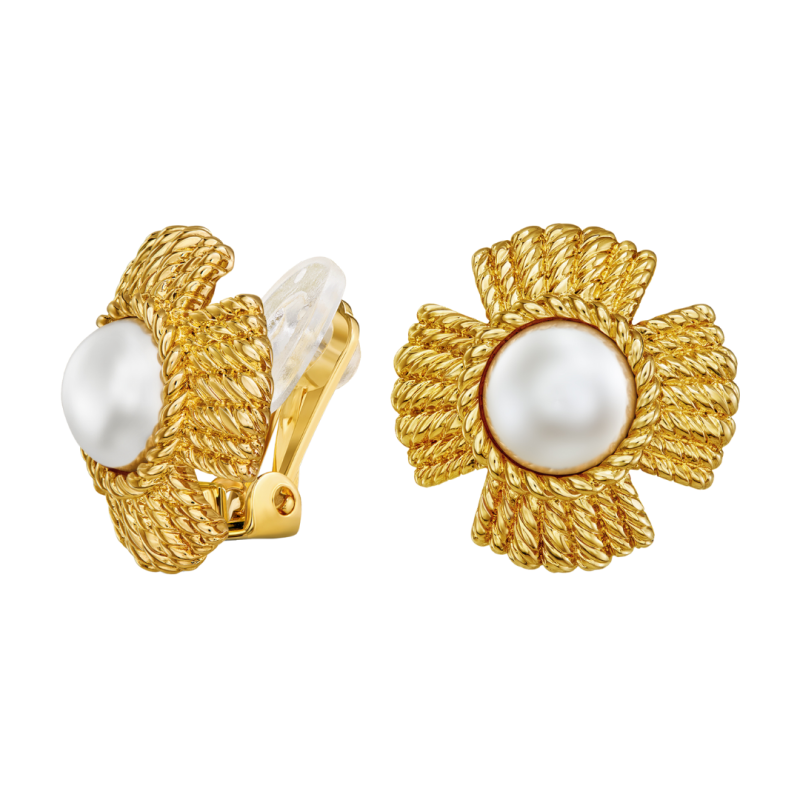 Traveller Clip-on Earrings - Gold Coloured - Pearls - 10 mm - White - Gold Plated - Flower - 23 mm - 114276