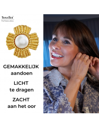 Traveller Clip Oorbellen - Goudkleurig - Parels - 10 mm - Wit - Verguld - Bloem - 23 mm - 114276