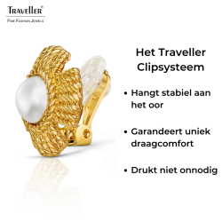 Traveller Clip Oorbellen - Goudkleurig - Parels - 10 mm - Wit - Verguld - Bloem - 23 mm - 114276