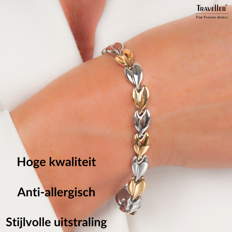 Traveller Armband Dames - Edelstaal - Goudkleurig & Zilverkleurig - Bicolor - 19 cm - Hartjes - 180911
