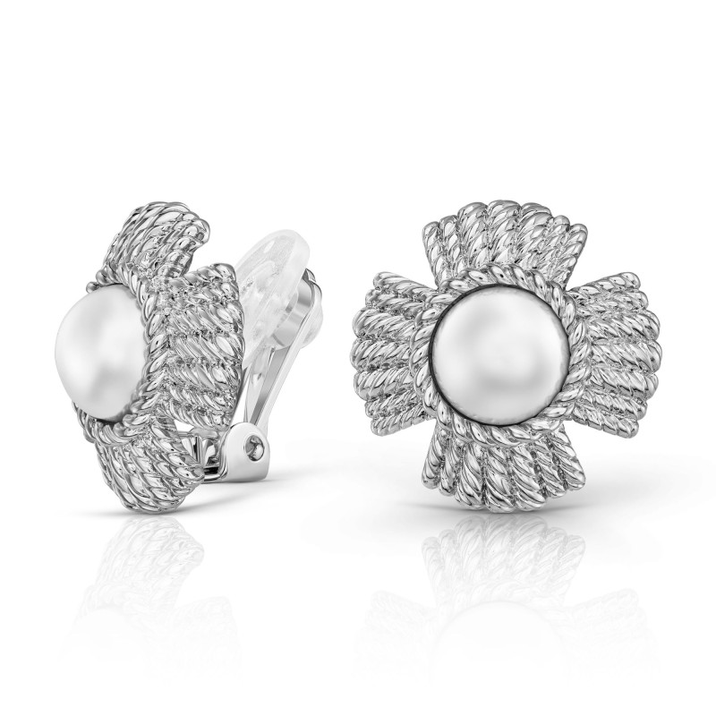 Traveller Clip Oorbellen - Zilverkleurig - Parels - 10 mm - Wit - Geplatineerd - Bloem - 23 mm - 114277