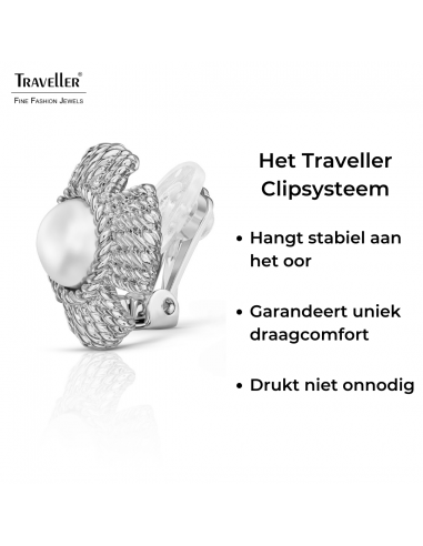 Traveller Clip Oorbellen - Zilverkleurig - Parels - 10 mm - Wit - Geplatineerd - Bloem - 23 mm - 114277