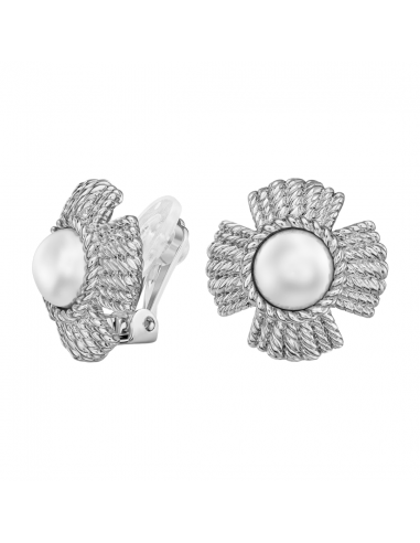 Traveller Clip-on Earrings - Silver Coloured - Pearls - 10mm - White - Platinum Plated - Flower - 23 mm - 114277