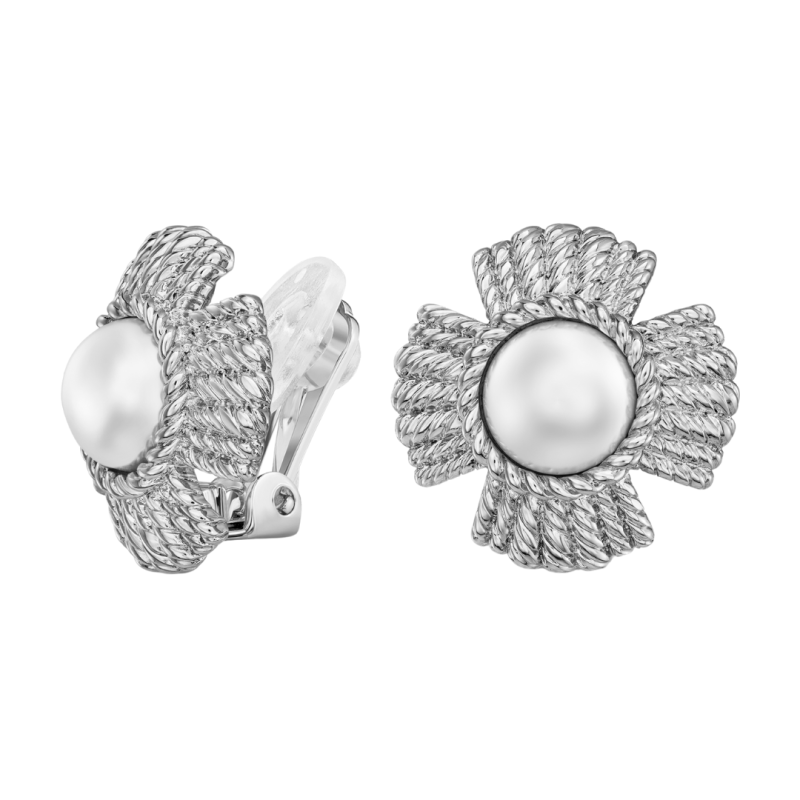 Traveller Ohrclips - Silberfarbe - Perle - 10 mm - Weiss - Platiniert - Blume - 23 mm - 114277