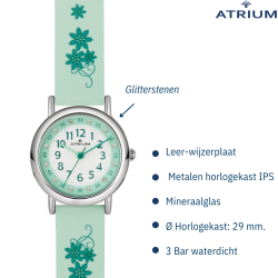 Atrium Kinderhorloge - Meisjes - Mint Groen - Bloemen - Analoog - Kristallen - 3 bar - Leercijferblad