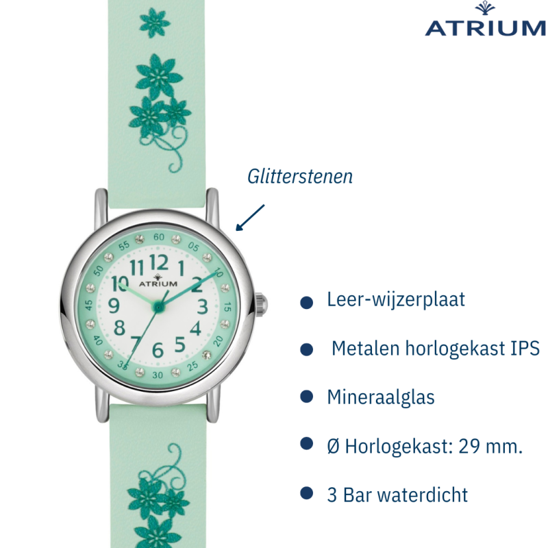 Atrium Watch - Children - Girls - Mint Green - Crystal Pebbles - Analogue - 3 Bar - Flowers - Learn Dial - A47-13