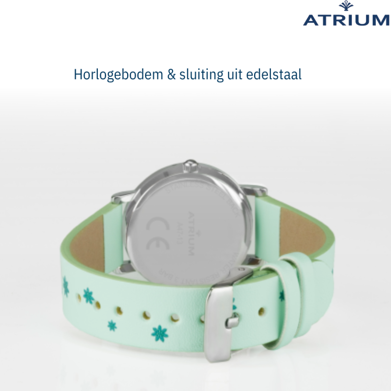 Atrium Horloge - Kinderen - Meisjes - Mintgroen - Kristal Steentjes - Analoog - 3 bar - Groene Bloemen - Leercijferblad - A47-13